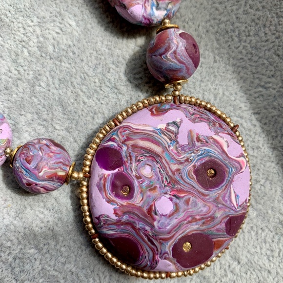 Handmade Polymer Clay Necklace Purple Swirl OOAK - Picture 5 of 15